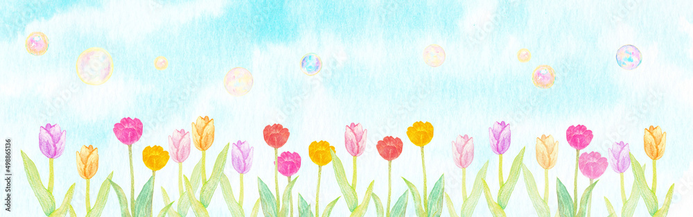 イラスト素材 水彩絵の具で手描きした満開のチューリップ畑のバナー ぎっしり シャボン玉 青空 Stock Illustration Adobe Stock