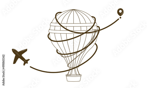 Aircraft route. Vector travel illustration with hot air balloon and airplane. Movement from the starting point. Travel around the world. Time to travel. In sketch style. Vintage. 