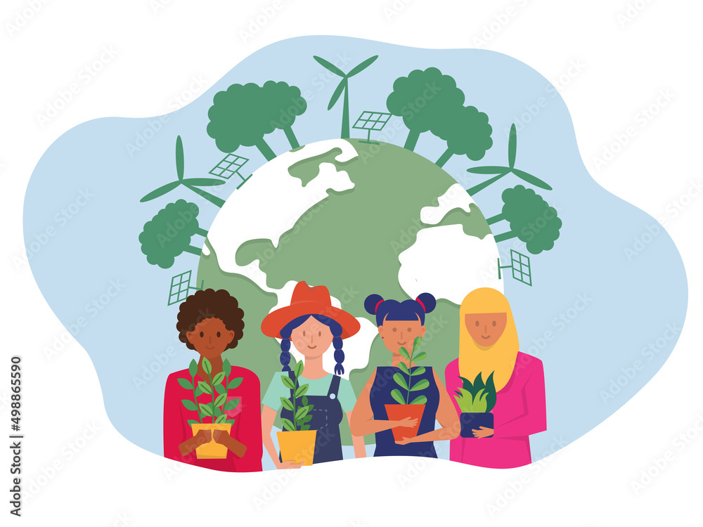 Happy Young people different holding  plants cooperation Nature on earth day conservation  Eco friendly ecology ESG or ecology problem concept.  vector illustration