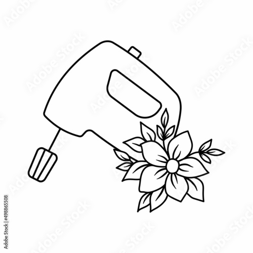 Cooking electric mixer with flower in outline style isolated on white background. Kitchen tool line icon for baker logo. Bakery sign