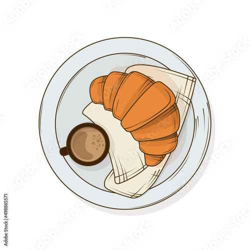 Hand-drawn vector illustration of french breakfast with croissant and coffee. Use for design of poster, banner, website, card, decoration of menu, cafe. In cartoon style. Sketch.