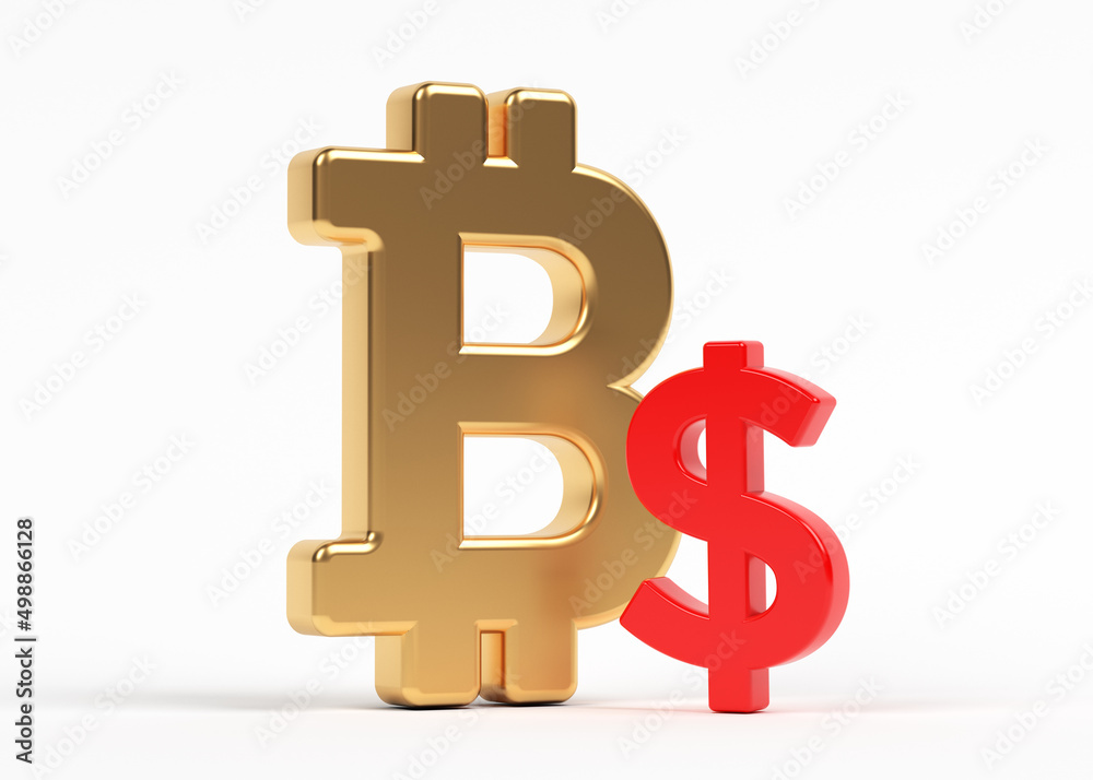 Gold-colored Bitcoin and Dollar symbol. On white-colored background. Horizontal composition with copy space. Isolated with clipping path. Gold-colored Bitcoin and Dollar symbol. On white-colored background. Horizontal composition with copy space. Isolated with clipping path.