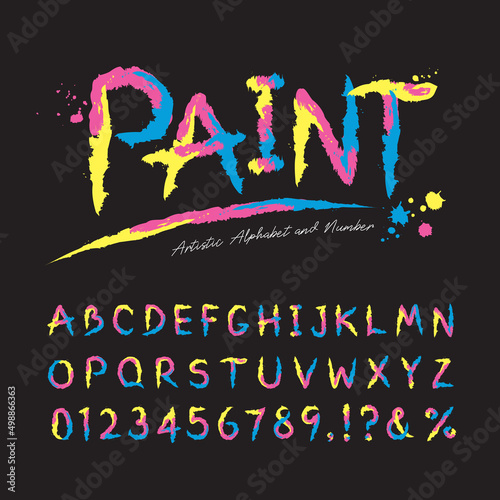 Artistic paint brush alphabet and number set. Multicolor brushy font or typography. Trendy handwritten font for headline title, poster, t-shirt, graphic layout, print, advertising, banner, etc.