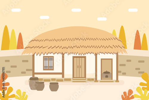 Vector illustration of Korean traditional farm house. Thatched house