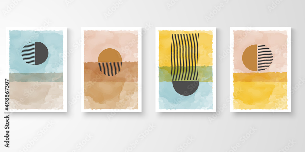 Set of wall art abstract painted Illustrations. Modern line art drawing with organic shape decorative composition. Watercolor art vector illustration.