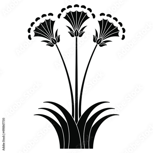 Blooming flower. Papyrus plant. Lily blossom. Ancient Minoan floral ethnic design. Black and white negative silhouette.