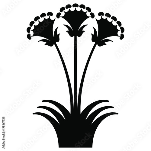 Blooming flower. Papyrus plant. Lily blossom. Ancient Minoan floral ethnic design. Black silhouette on white background.