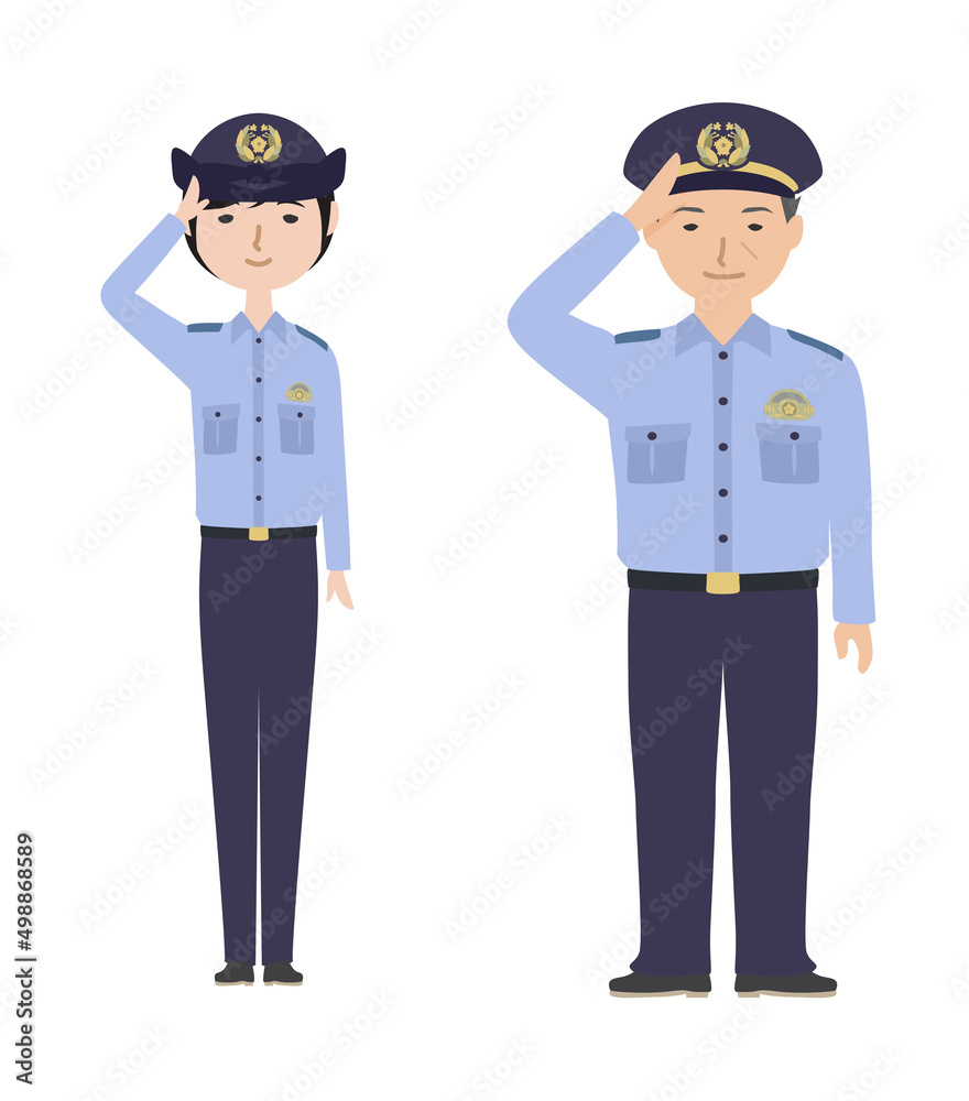 敬礼している夏服の警察官たち
敬礼している夏服の警察官たち