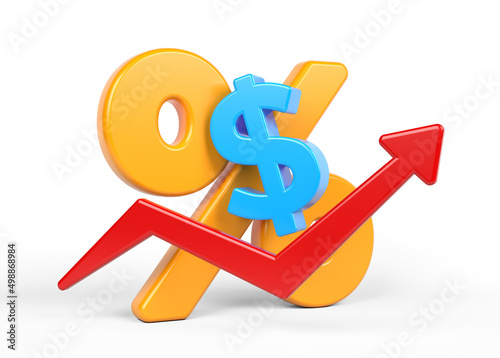 Blue-colored Dollar symbol with red-colored arrow and percentage sign. On white-colored background. Horizontal composition with copy space. Isolated with clipping path.