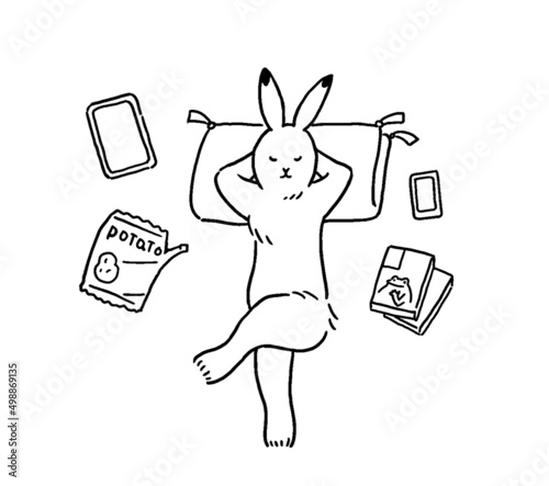 鳥獣戯画　うさぎが家でくつろぐイラストレーション
