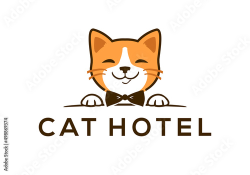 Pet logo with smiling little kitten. Cat hotel emblem made in simple modern style. Vector illustration