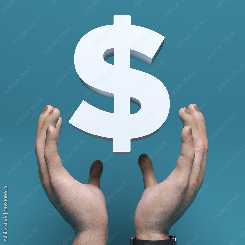 The businessman's hands try holding the falling white-colored Dollar symbol. On grayish green-colored background. Square composition with copy space. Isolated with clipping path. The businessman's hands try holding the falling white-colored Dollar symbol. On grayish green-colored background. Square composition with copy space. Isolated with clipping path.