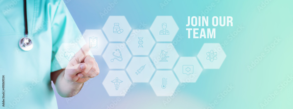 Join our Team. Male doctor pointing finger at digital hologram made of icons. Text with medical term. Concept for digitalization in medicine Join our Team. Male doctor pointing finger at digital hologram made of icons. Text with medical term. Concept for digitalization in medicine