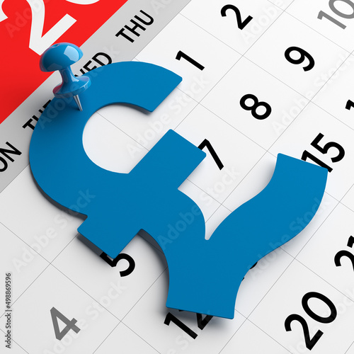 Blue-colored pinned Pound symbol on the calendar page. Horizontal composition with copy space. Isolated with clipping path.