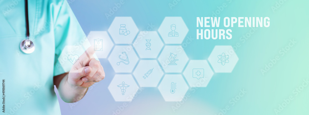 New Opening Hours. Male doctor pointing finger at digital hologram made of icons. Text with medical term. Concept for digitalization in medicine New Opening Hours. Male doctor pointing finger at digital hologram made of icons. Text with medical term. Concept for digitalization in medicine