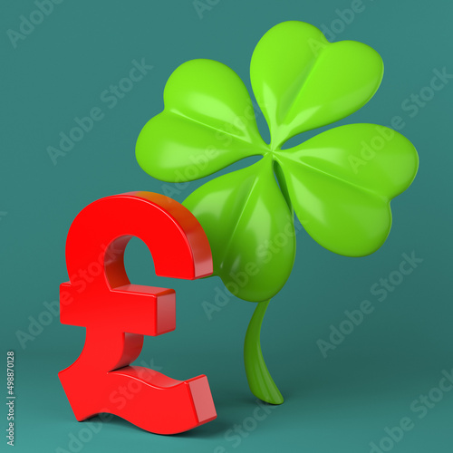 Red-colored Pound symbol and four-leaf clover. On a charcoal green-colored background. Square composition with copy space. Isolated with clipping path.