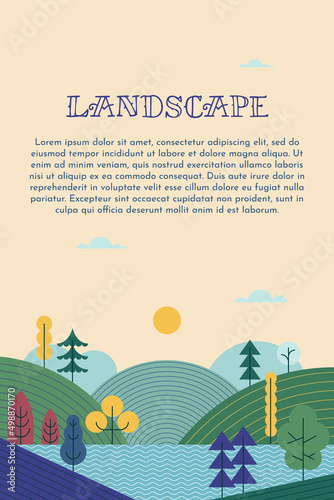 Vector landscape, sunrise scene in nature with mountains and forest, silhouettes of trees. Hiking tourism. Adventure. Minimalist graphic flyers. Polygonal flat design for coupons, vouchers, gift cards