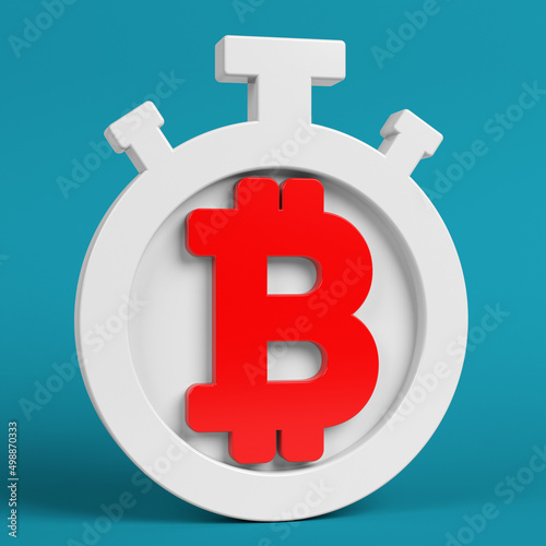 Red-colored Bitcoin symbol and white-colored stopwatch icon. On greenish blue-colored background. Square composition with copy space. Isolated with clipping path.