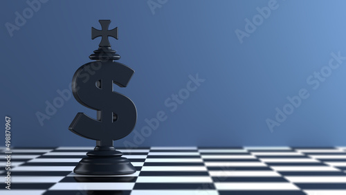 Black-colored king-chess piece-shaped Dollar symbol. On chessboard. Horizontal composition with copy space. Focused image photo