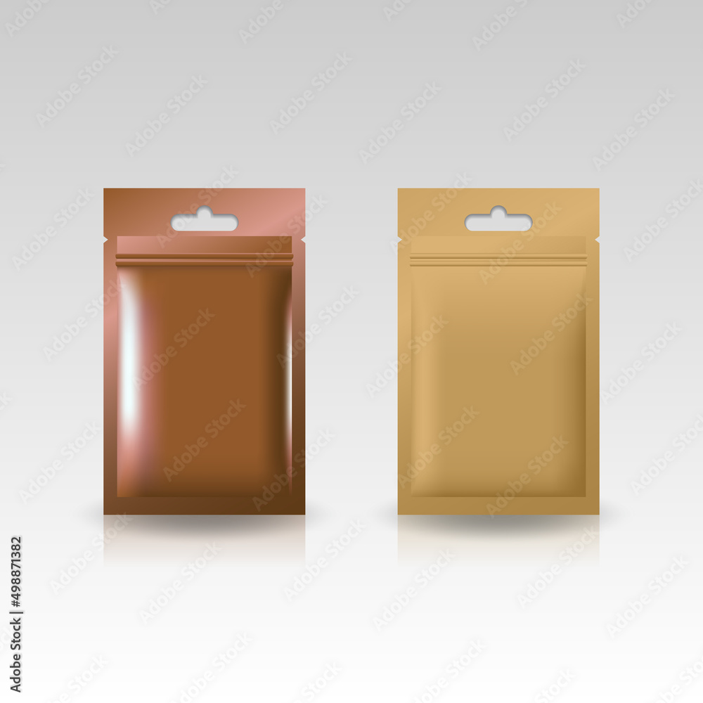 Copper and kraft paper flat aluminum zip pouch with hanging hole mockup for food, supplement or other product. Copper and kraft paper flat aluminum zip pouch with hanging hole mockup for food, supplement or other product.