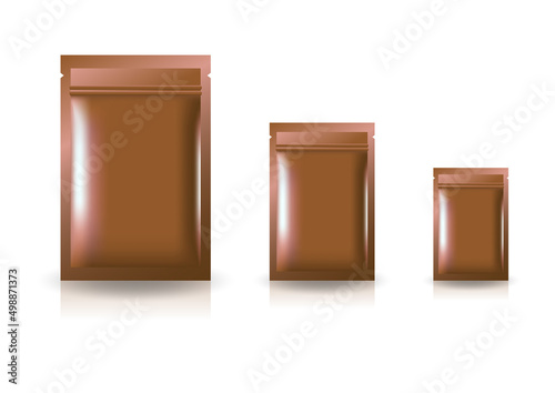 Blank brown copper standing zip lock bag (3 sizes) mockup template.