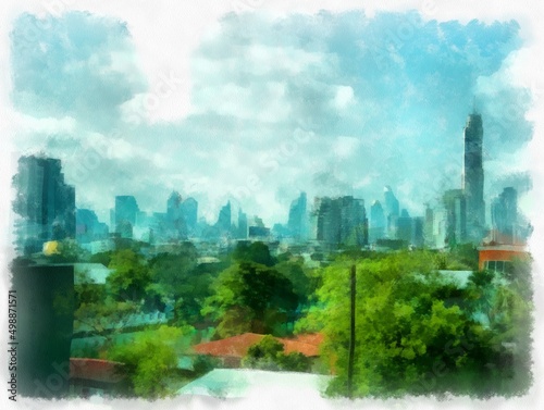 The landscape of the tall buildings in Bangkok watercolor style illustration impressionist painting.