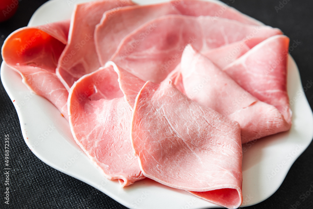 ham pork slice meat appetizer fresh healthy meal food snack diet on the table copy space food background rustic top view ham pork slice meat appetizer fresh healthy meal food snack diet on the table copy space food background rustic top view