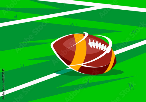 vector illustration of an American football ball lying on the green lawn of a football field