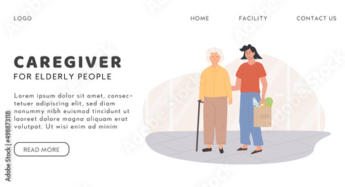 Female caretaker and elderly woman doing shopping. Scene of volunteer with senior person helping to buy groceries. Nursing retirement home services. Caregiver vector banner template in flat style.