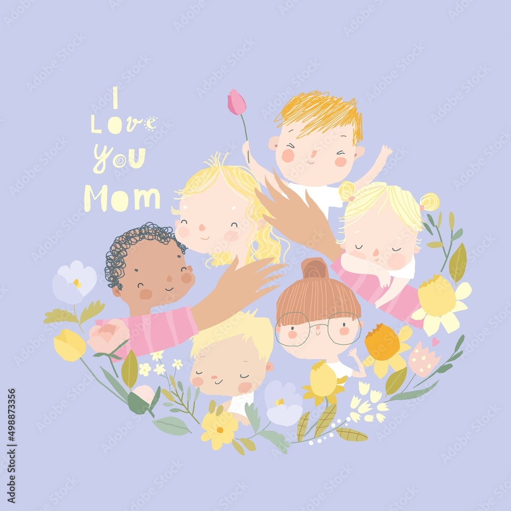 Cartoon Mother s Hands hugging Children in Floral Wreath Cartoon Mother s Hands hugging Children in Floral Wreath