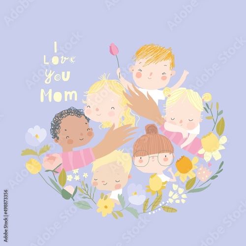 Cartoon Mother s Hands hugging Children in Floral Wreath