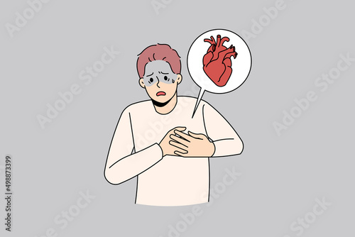 Unwell man feel sick suffer from heart stroke. Sick unhappy guy touch upper chest having cardiovascular problems need doctor help. Healthcare and medicine. Vector illustration. 