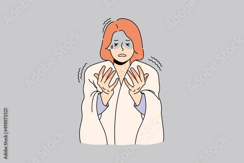 Unhappy woman feel anxious look at red hands suffer from sickness or illness. Upset female with blanket on shoulders have fingers frostbite struggle with cold weather. Vector illustration.
