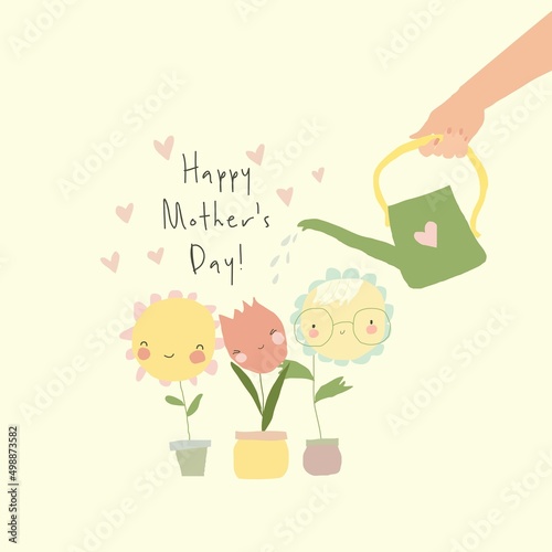 Mother Hand with Watering Can irrigates Cute Blossom Flowers. Growing love, Health Care, Wellbeing