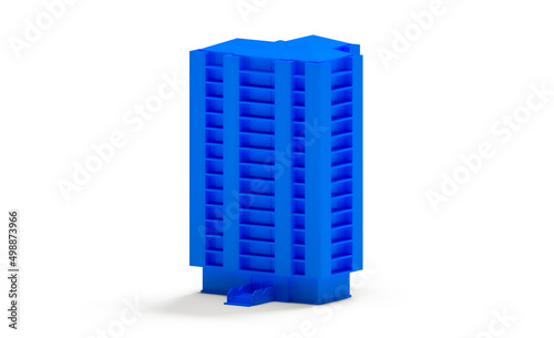 Blue building on white background. Business concept. The concept for financial home loan and search. 3D Rendering, 3d illustration, and copy space.