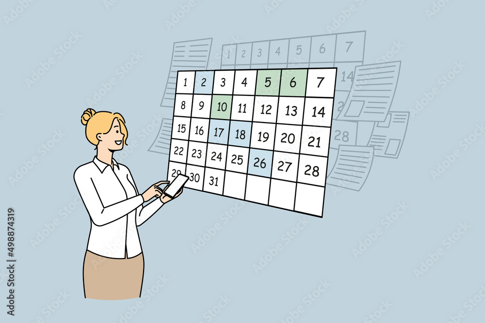 Businesswoman use smartphone plan appointment for day in calendar application. Woman scheduling appointments and events on cellphone app. Time management. Vector illustration. Businesswoman use smartphone plan appointment for day in calendar application. Woman scheduling appointments and events on cellphone app. Time management. Vector illustration.