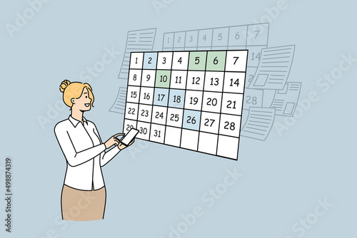 Businesswoman use smartphone plan appointment for day in calendar application. Woman scheduling appointments and events on cellphone app. Time management. Vector illustration. 