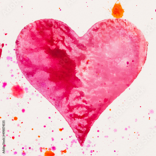 Watercolor painted pink heart, on the white watercolor paper.