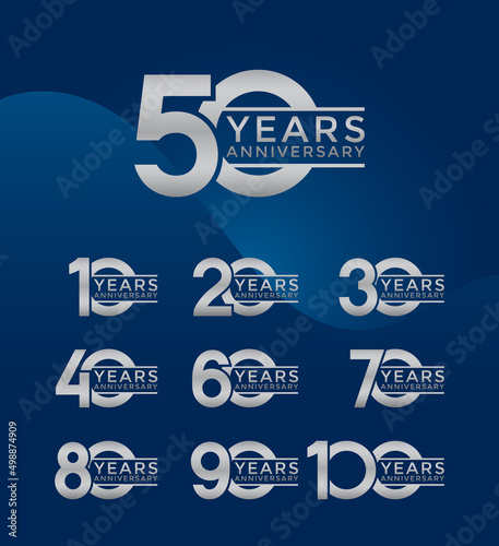 Set of Anniversary logotype silver color with blue background for celebration