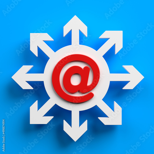 White-colored circular-shaped arrows icon and @ symbol. On blue-colored background. Square composition with copy space. Isolated with clipping path.