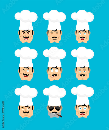 Chef set emoji avatar. sad and angry face. guilty and sleeping. Cook sleeping emotion face. kitchener Vector illustration