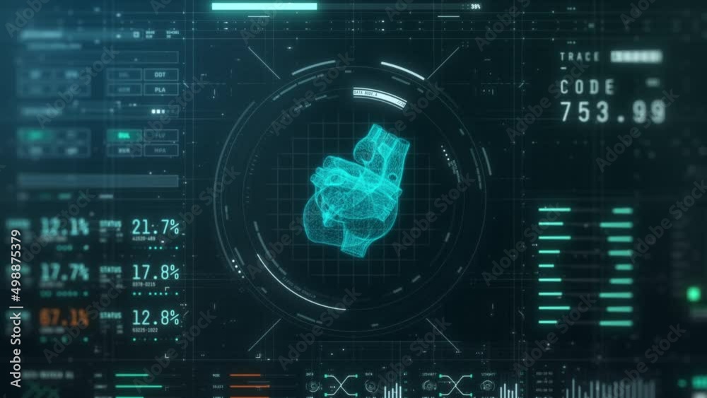 futuristic software interface for medical and scientific purpose, patient monitoring software, human heart scanner, front view (3d software) futuristic software interface for medical and scientific purpose, patient monitoring software, human heart scanner, front view (3d software)