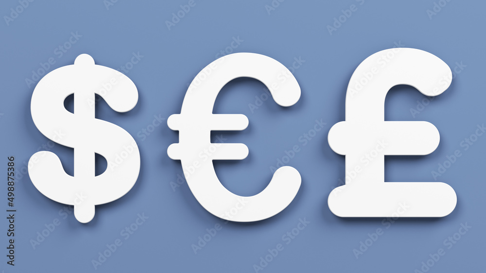 White-colored dollar pound euro symbols. On grayish blue-colored background. Horizontal composition with copy space. Isolated with clipping path. White-colored dollar pound euro symbols. On grayish blue-colored background. Horizontal composition with copy space. Isolated with clipping path.