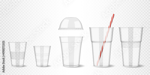 Set of disposable plastic transparent cup with lid and straw, isolated.