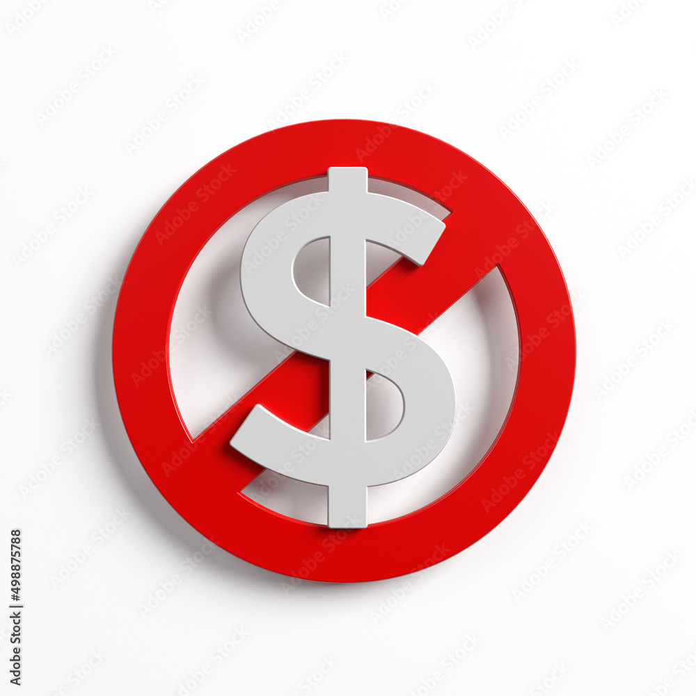 Red-colored banned sign and dollar symbol. On white-colored background. Square composition with copy space. Isolated with clipping path. Red-colored banned sign and dollar symbol. On white-colored background. Square composition with copy space. Isolated with clipping path.