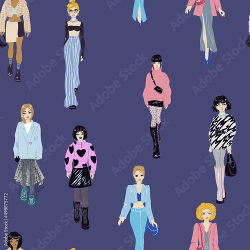 Seamless pattern. Women in trendy clothes. Fashion illustration.