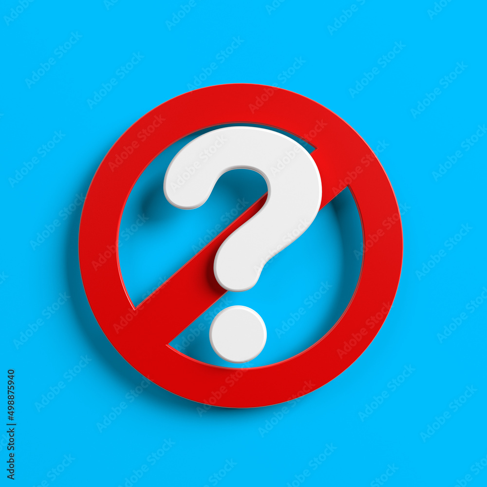 Red-colored banned sign and question mark. On blue-colored background. Square composition with copy space. Isolated with clipping path. Red-colored banned sign and question mark. On blue-colored background. Square composition with copy space. Isolated with clipping path.