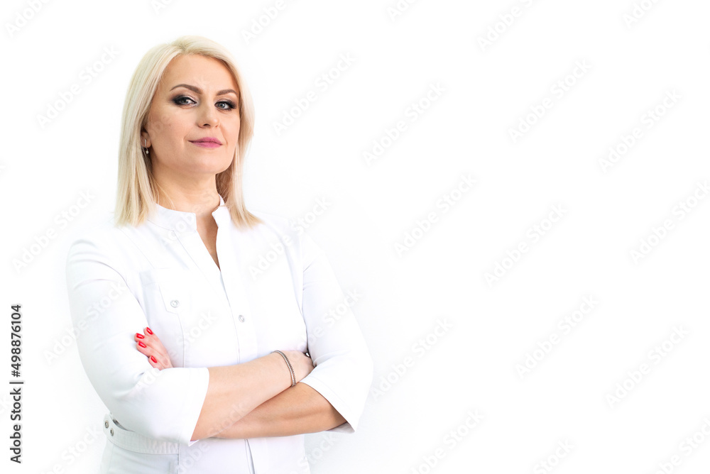 Doctor showing to the side. medical uniform. Virus, coronavirus. protection. Sterile equipment for the medical and beauty industries. Copy space, place for text Doctor showing to the side. medical uniform. Virus, coronavirus. protection. Sterile equipment for the medical and beauty industries. Copy space, place for text