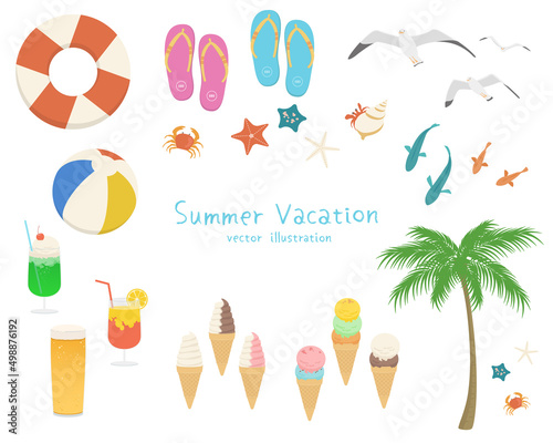 Set of summer beach elements. Vector illustration of beach accessories, seaside creatures, palm tree, foods and drinks.