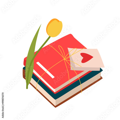 Creative birthday or Valentines day surprise gift vector illustration. Cartoon stack of books tied with rope, tulip flower and paper letter with heart isolated on white. Love, education concept